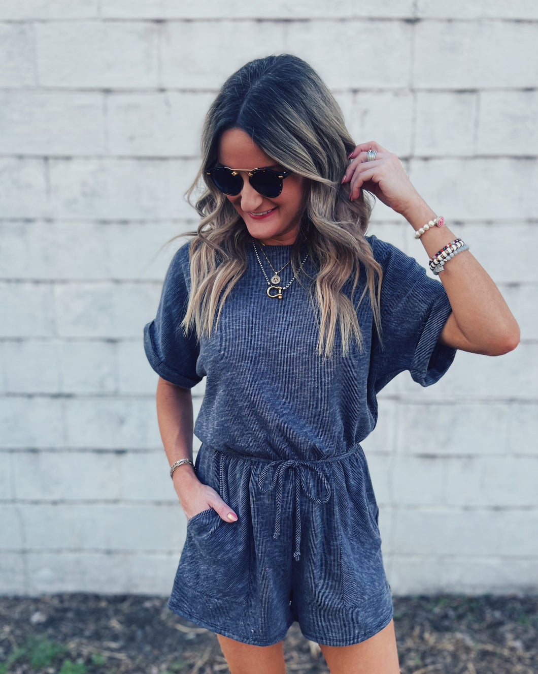 SUNNY DAYS RIBBED ROMPER - CHARCOAL