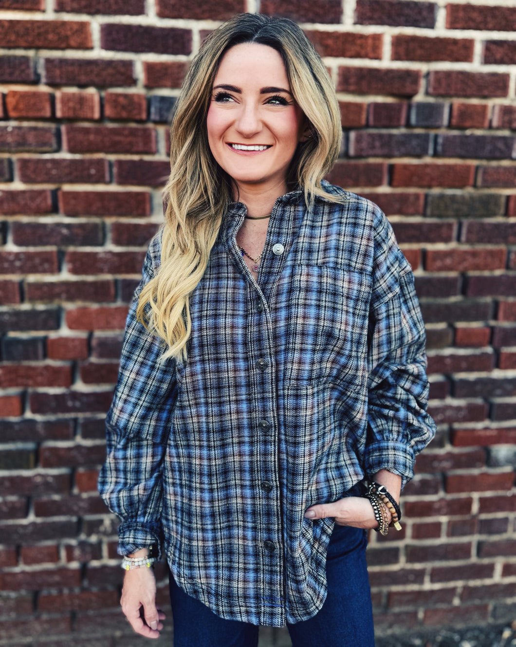 FREE PEOPLE: ASHELY PLAID SHIRT - BLUE COMBO