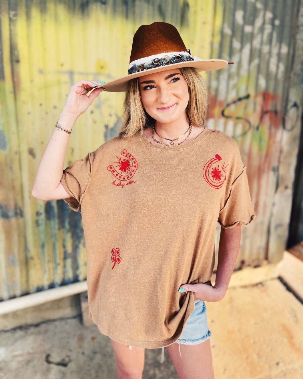 FREE PEOPLE: HORSIN' AROUND TEE - BROWN COMBO