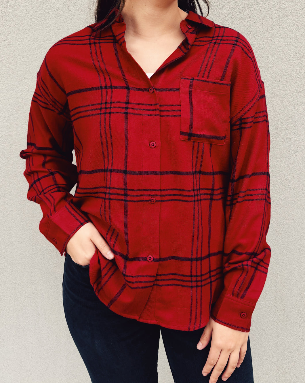 Z SUPPLY: RIVER PLAID BUTTON UP - RED DAHLIA