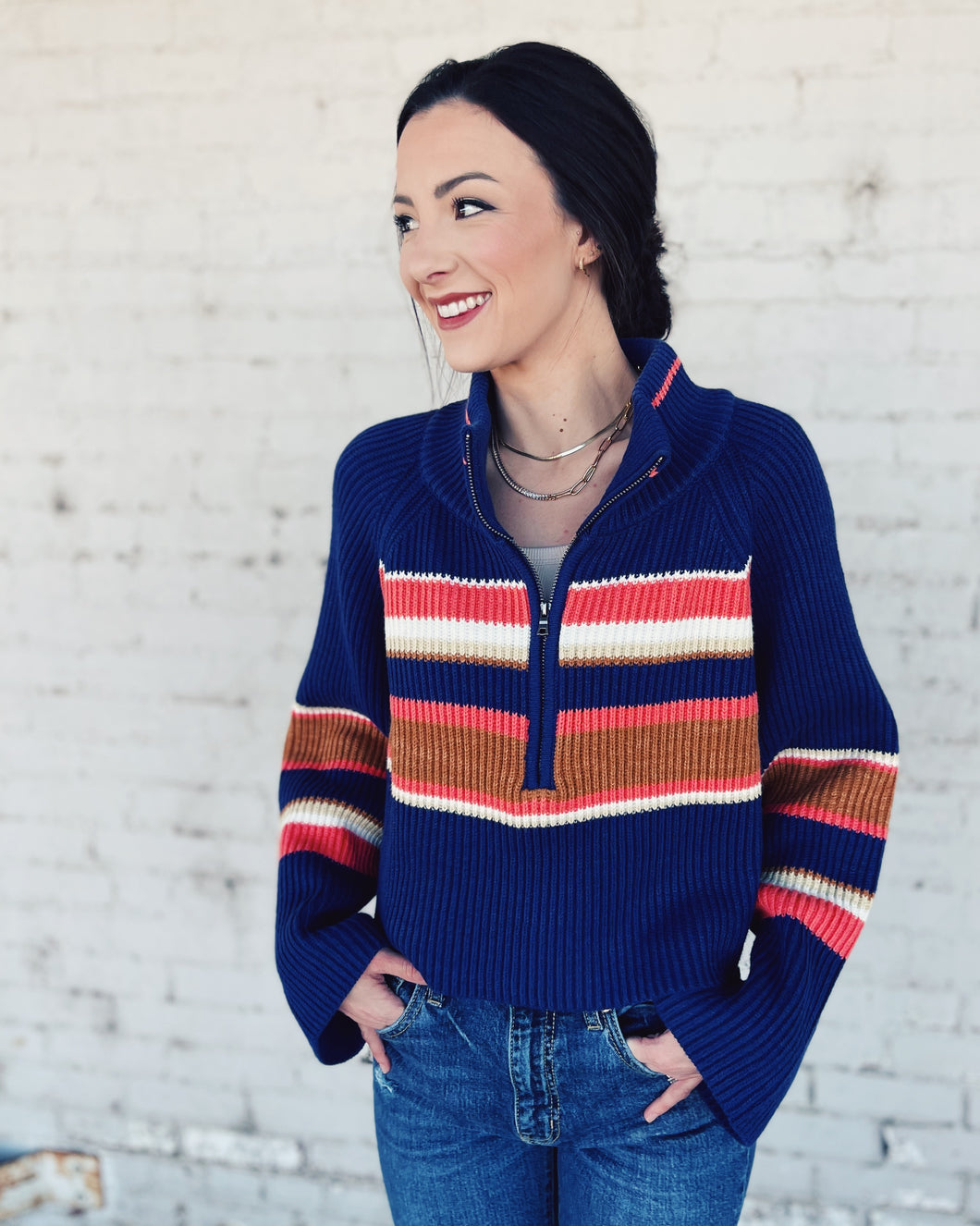 FREE PEOPLE: STRIPED GRETA HALF ZIP - INDIGO PURA COMBO