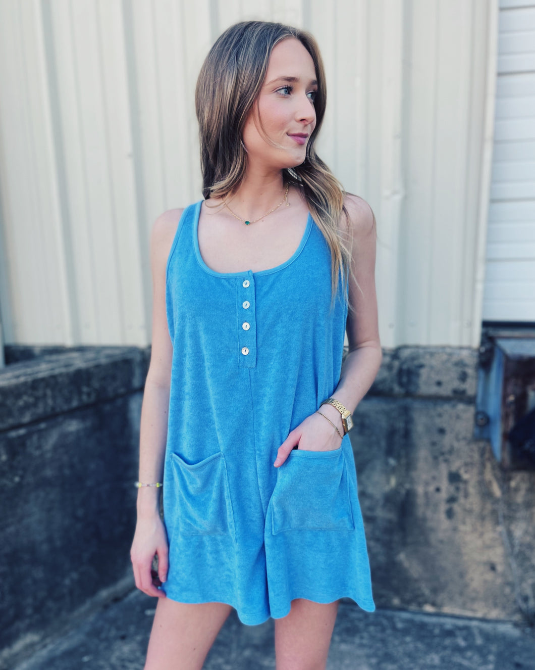 Z SUPPLY: BRIGHTER DAYS TERRY ROMPER - SALTY BLUE