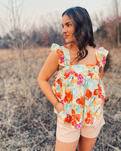 Load image into Gallery viewer, MEET ME IN SANTORINI: YAMAS FLORAL TOP - AQUA FLORAL
